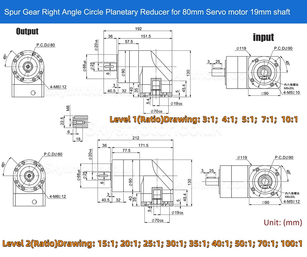 PVE090 Series Nema 34 Right Angle Planetary Gearbox Ratio 3:1 - 100:1 for NEMA34 86mm Motor / 80mm Servo Motor